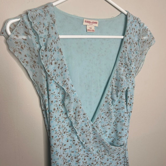 Vintage Y2K Guess Jeans Ruffle Light Blue Floral Print Midi Dress Size Small/6 - Picture 6 of 11